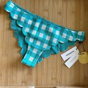 MARYSIA SWIM BROADWAY GINGHAM TEAL GREEN BIKINI BOTTOMS SZ SMALL NWT